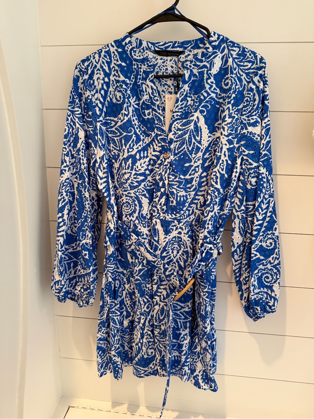 Zara Blue and White Eyelet Belted Dress